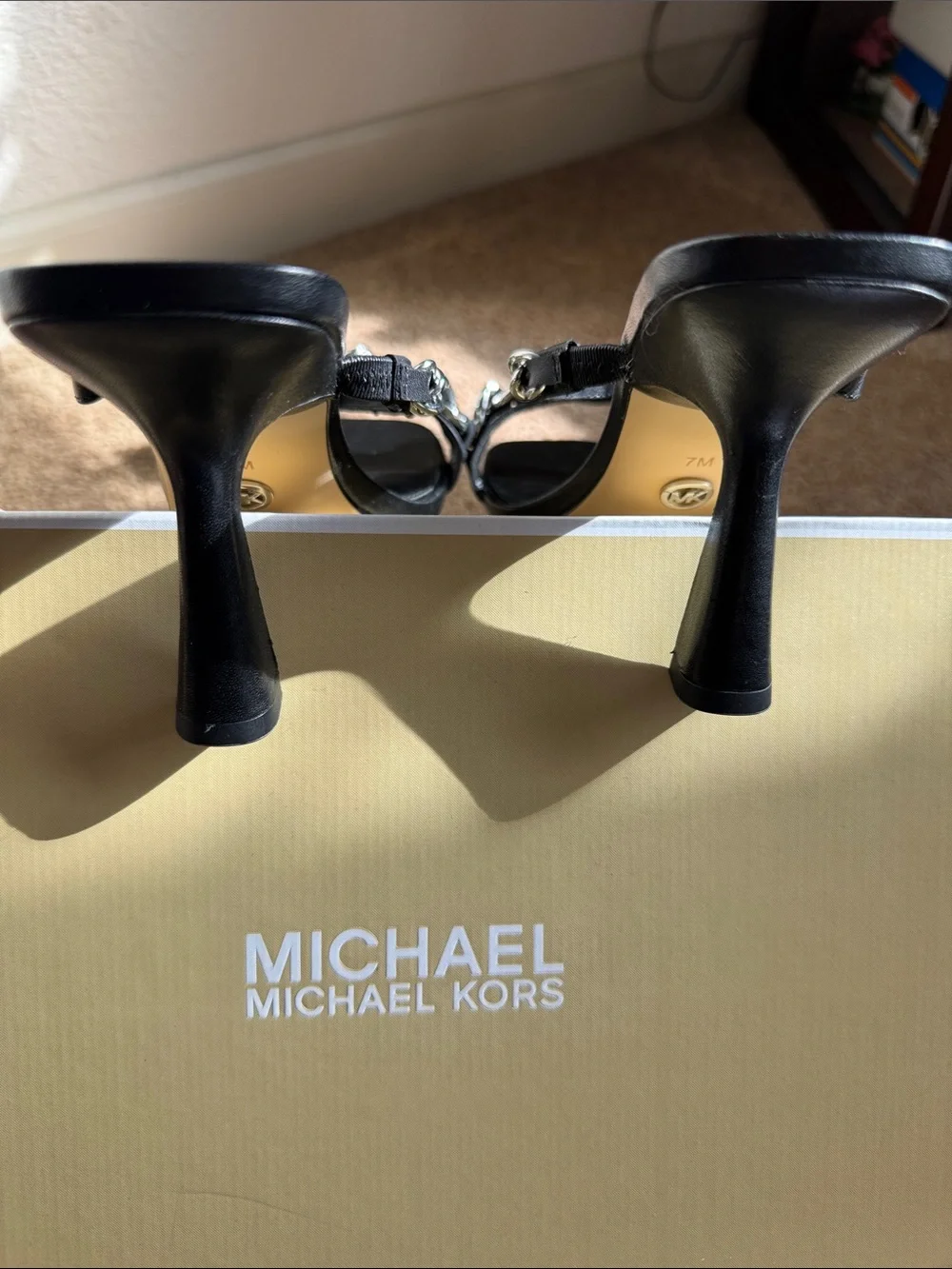 Women size 7 Michael Kors Black Leather Slide Sandals with Silver Chain Detail